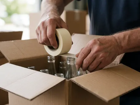 Des mains scellant soigneusement une boîte contenant des bouteilles en verre dans un contexte logistique.