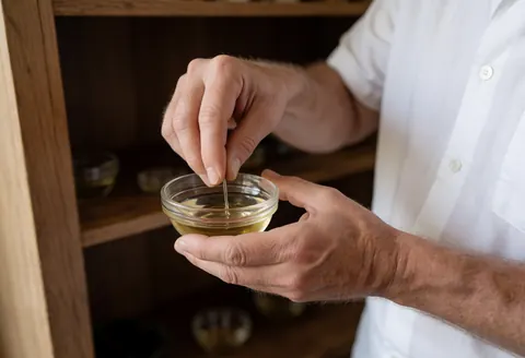 Une main masculine mélange des huiles essentielles dans un récipient en verre sous une lumière naturelle avec une étagère en bois en arrière-plan.