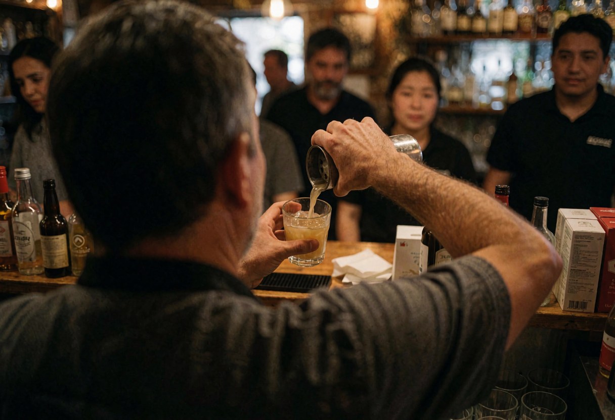 Un bartender sert une boisson filtrée dans un verre devant des clients flous dans un bar à l'ambiance chaleureuse.