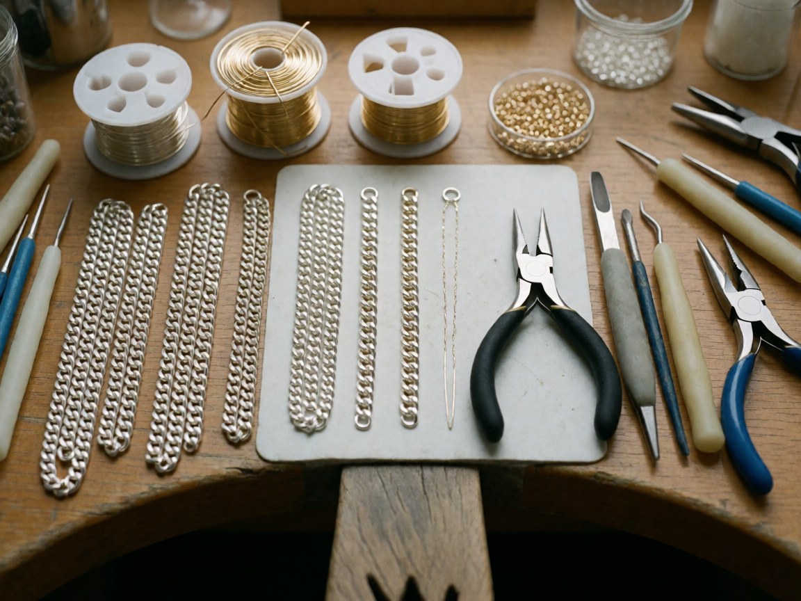 Des pinces, des chaînes et des fils métalliques disposés sur une table en bois, idéal pour les boutiques de bijoux ou les ateliers artisanaux.