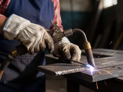 Mains gantées soudant du métal avec une torche, des étincelles volant dans un atelier industriel éclairé par la lumière naturelle.