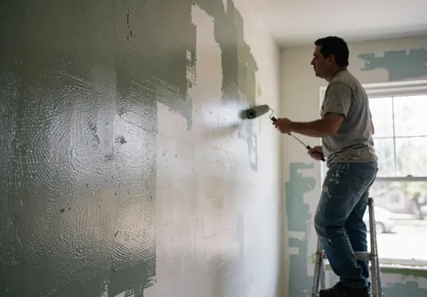 Un homme sur une échelle applique de la peinture sur un mur à l'aide d'un rouleau, avec des zones déjà peintes et d'autres non, éclairé par la lumière naturelle venant d'une fenêtre.