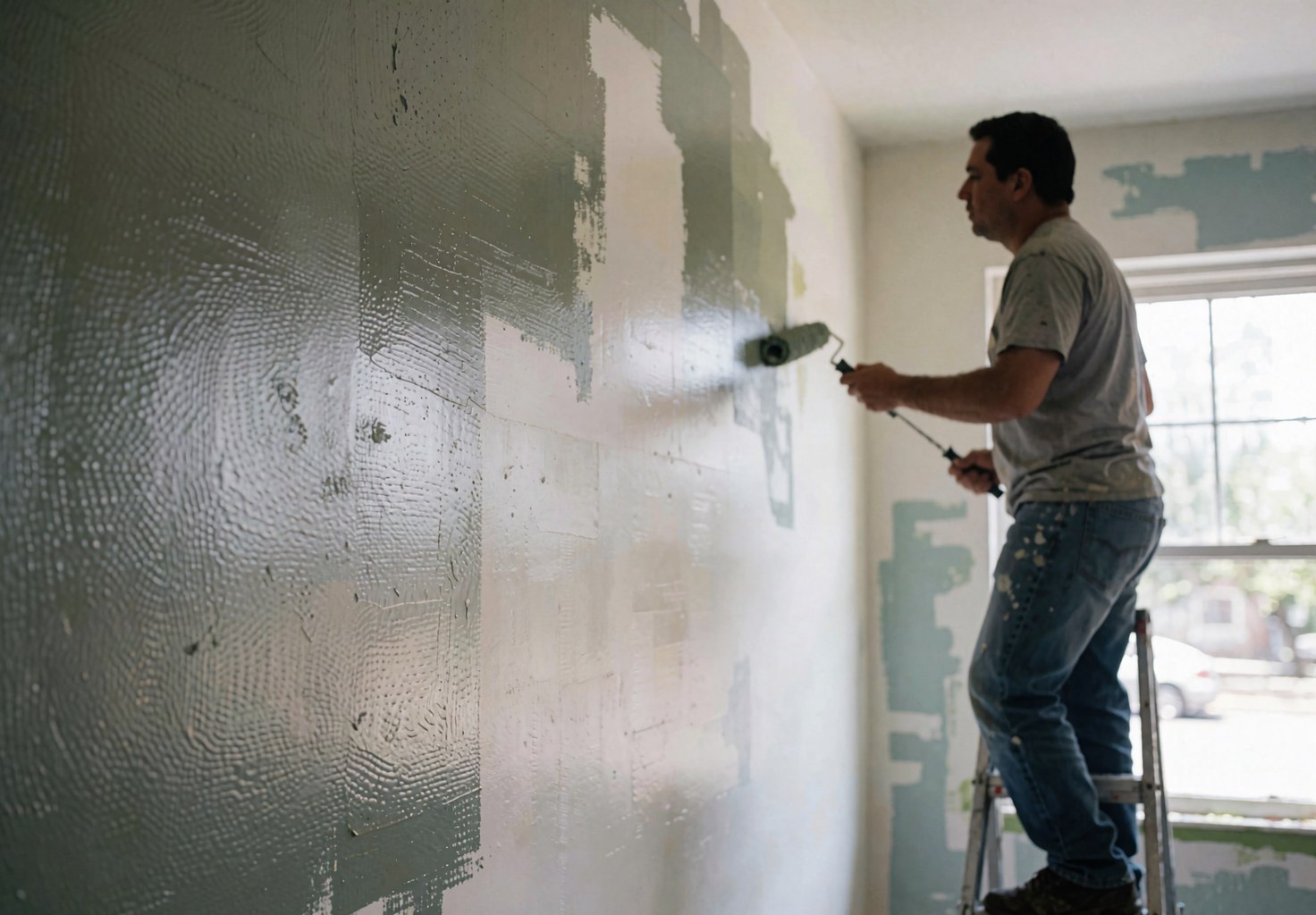 Un homme sur une échelle applique de la peinture sur un mur à l'aide d'un rouleau, avec des zones déjà peintes et d'autres non, éclairé par la lumière naturelle venant d'une fenêtre.