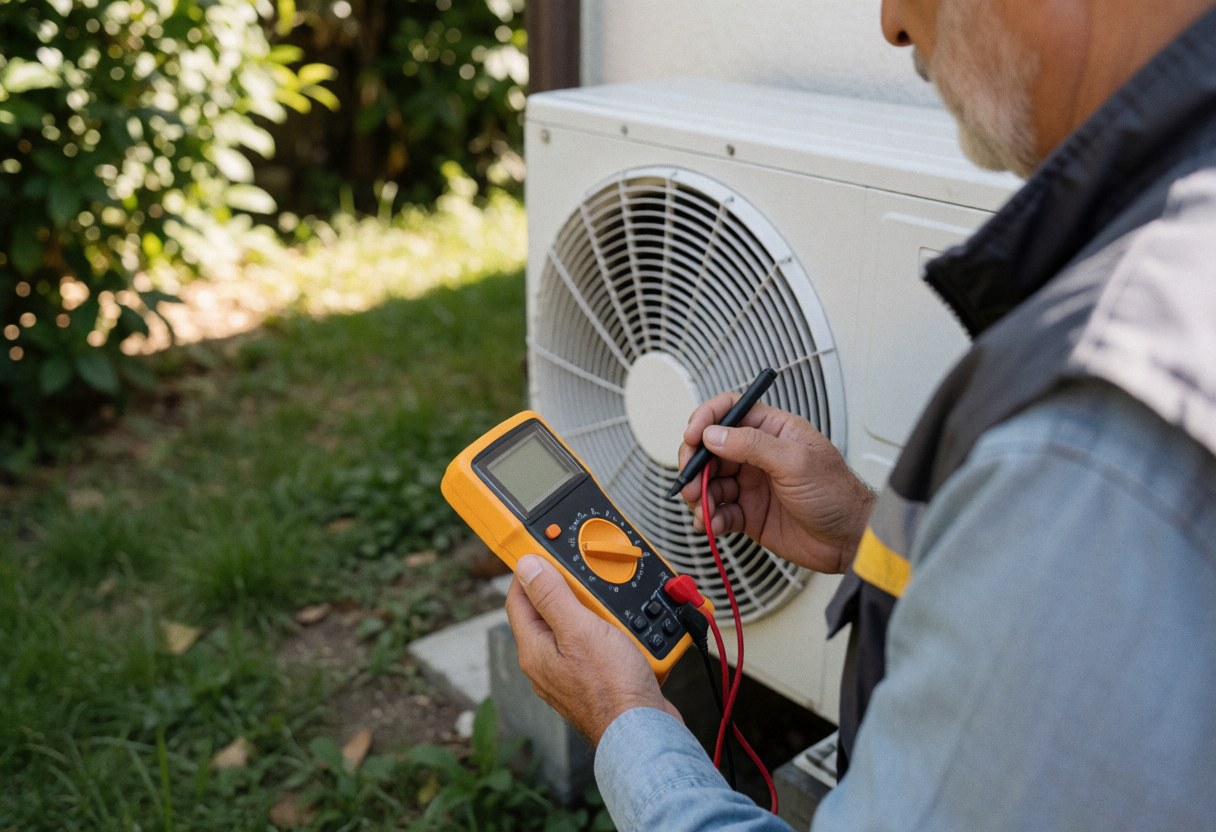 Un technicien utilisant un multimètre pour inspecter l'unité extérieure d'un système de climatisation dans un jardin ensoleillé.