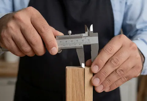 Gros plan d'une main utilisant un pied à coulisse professionnel pour mesurer avec précision une pièce de bois dans un atelier éclairé par la lumière naturelle.