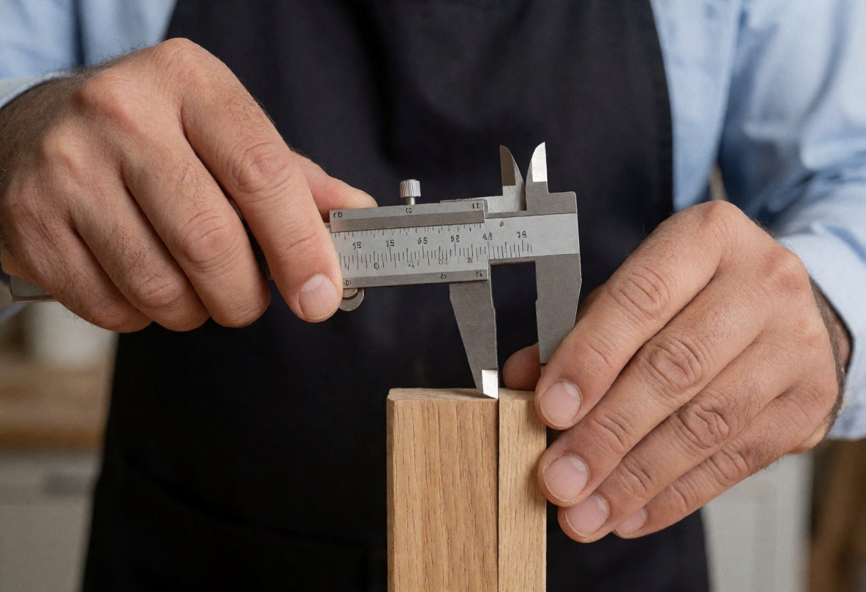 Gros plan d'une main utilisant un pied à coulisse professionnel pour mesurer avec précision une pièce de bois dans un atelier éclairé par la lumière naturelle.