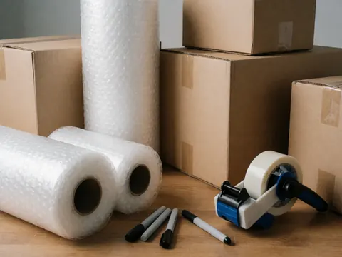 Coffres vides, papier bulle, ruban adhésif et marqueurs disposés sur une table en bois pour les services de déménagement.