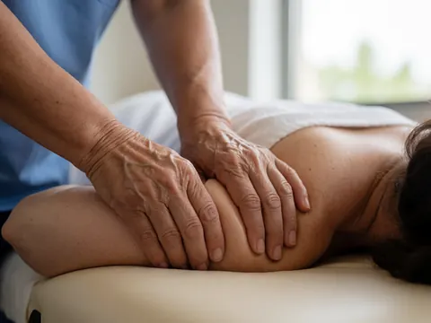 Gros plan sur les mains ridées d'un professionnel effectuant un massage thérapeutique sur l'épaule d'un patient dans un cadre clinique.