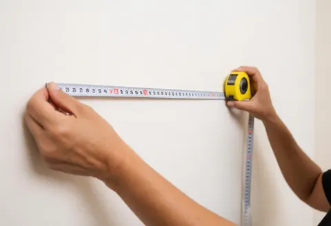 Des mains utilisent un mètre ruban jaune pour mesurer précisément une paroi, une étape clé dans la préparation des espaces immobiliers.