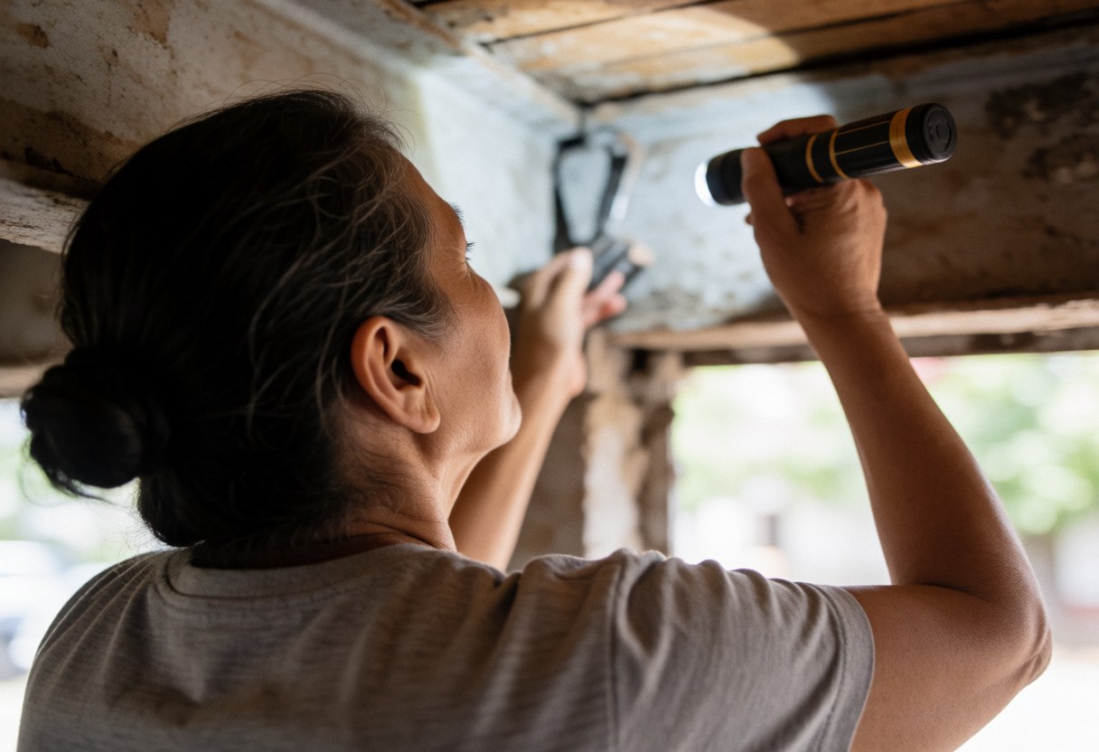 Une femme examine une structure en bois à l'aide d'une lampe dans un environnement de chantier avec de la lumière naturelle.