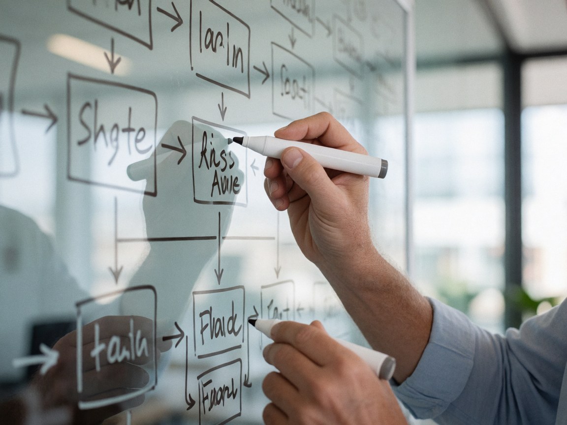 Une main dessine un schéma détaillé sur une surface transparente, illustrant la planification stratégique en milieu professionnel moderne.