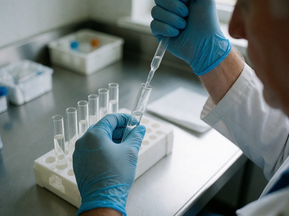 Des mains portant des gants bleus transfèrent un liquide transparent dans un tube à essai sur une table de laboratoire métallique avec d'autres récipients.