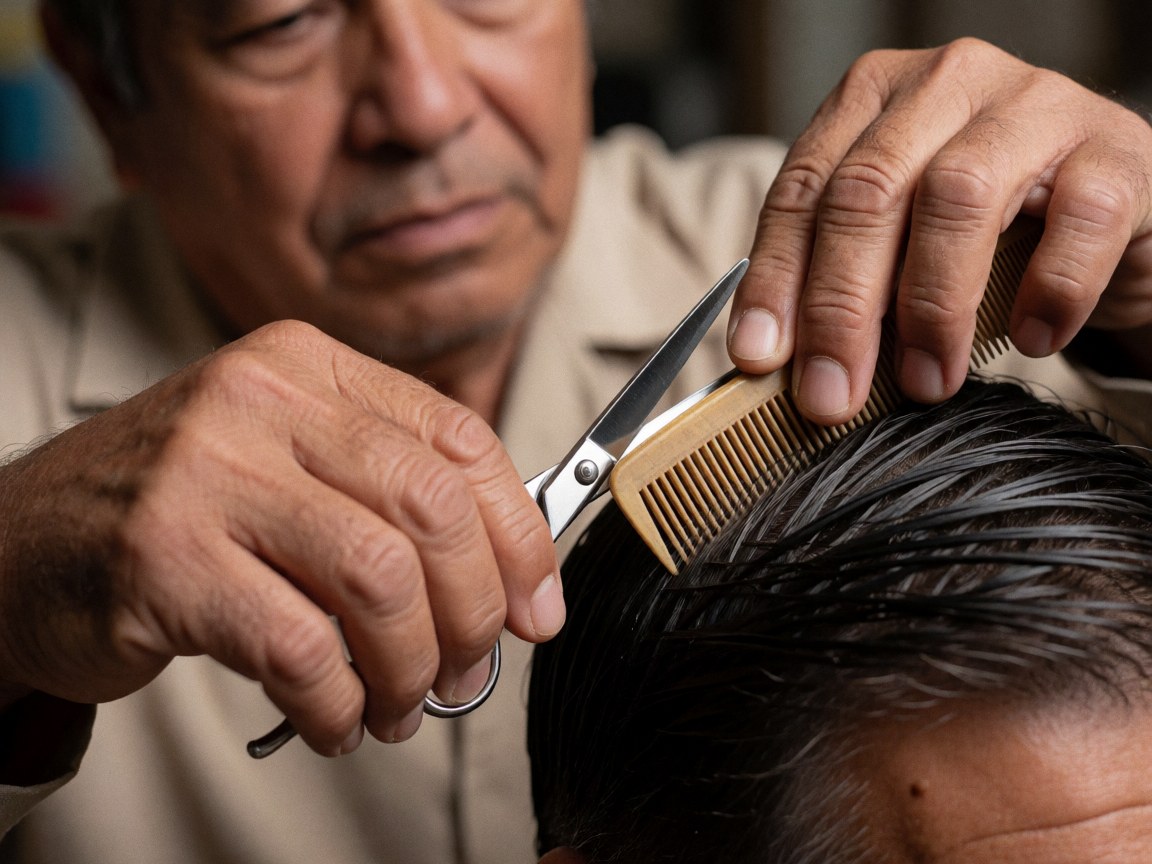 Mains expertes d'un coiffeur coupant les cheveux d'un client avec des ciseaux et un peigne sur fond flou.