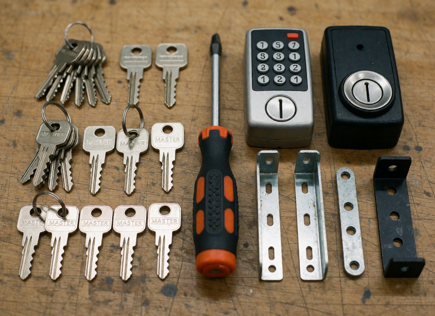 Ensemble d'outils de sécurité comprenant clés maîtresses, tournevis, serrure numérique et supports métalliques sur un banc en bois marqué par l'usage.