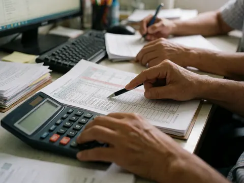 Des mains d'un comptable examinant un tableau détaillé sur un bureau avec des documents et une calculatrice.