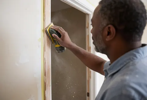 Un homme utilise une ponceuse électrique pour poncer un cadre de porte, avec de la poussière en suspension et des murs en construction en arrière-plan.