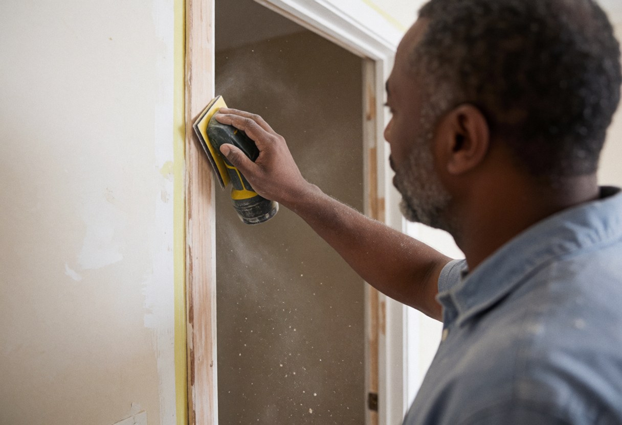 Un homme utilise une ponceuse électrique pour poncer un cadre de porte, avec de la poussière en suspension et des murs en construction en arrière-plan.