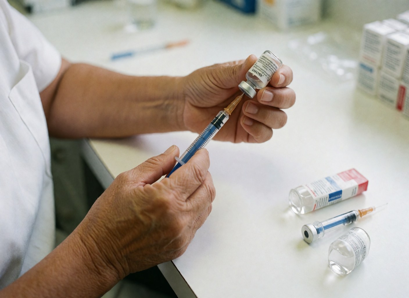 Gros plan sur des mains tenant une seringue et un flacon de médicament posés sur une surface blanche propre, évoquant un environnement clinique professionnel.