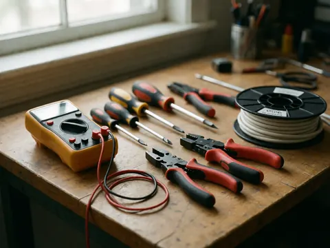 Multimètre, tournevis et coupe-câbles disposés sur une table en bois baignée de lumière naturelle pour la maintenance technique.