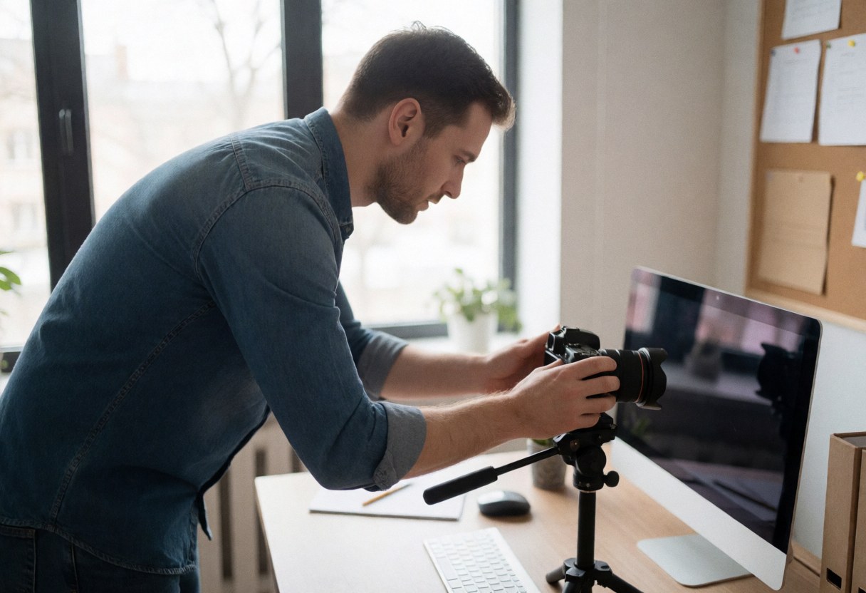 Un homme ajuste une caméra montée sur trépied devant un ordinateur dans un bureau moderne pour préparer un enregistrement de cours en ligne.