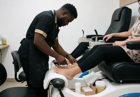 Un homme réalise un soin des pieds sur une cliente assise dans un fauteuil de pédicure, avec du matériel professionnel visible.
