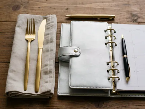 Couverts dorés posés sur une serviette blanche disposée sur une table en bois rustique, évoquant l'élégance des détails pour un événement ou un mariage.