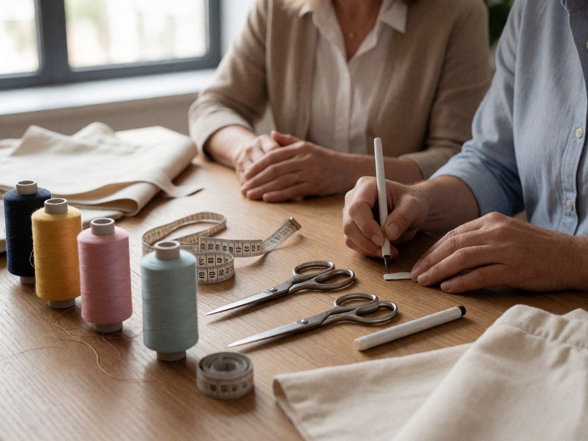 Des outils de couture tels que du fil, des ciseaux et un mètre ruban posés sur une table en bois, adaptés à une boutique de vêtements ou un atelier de couture.