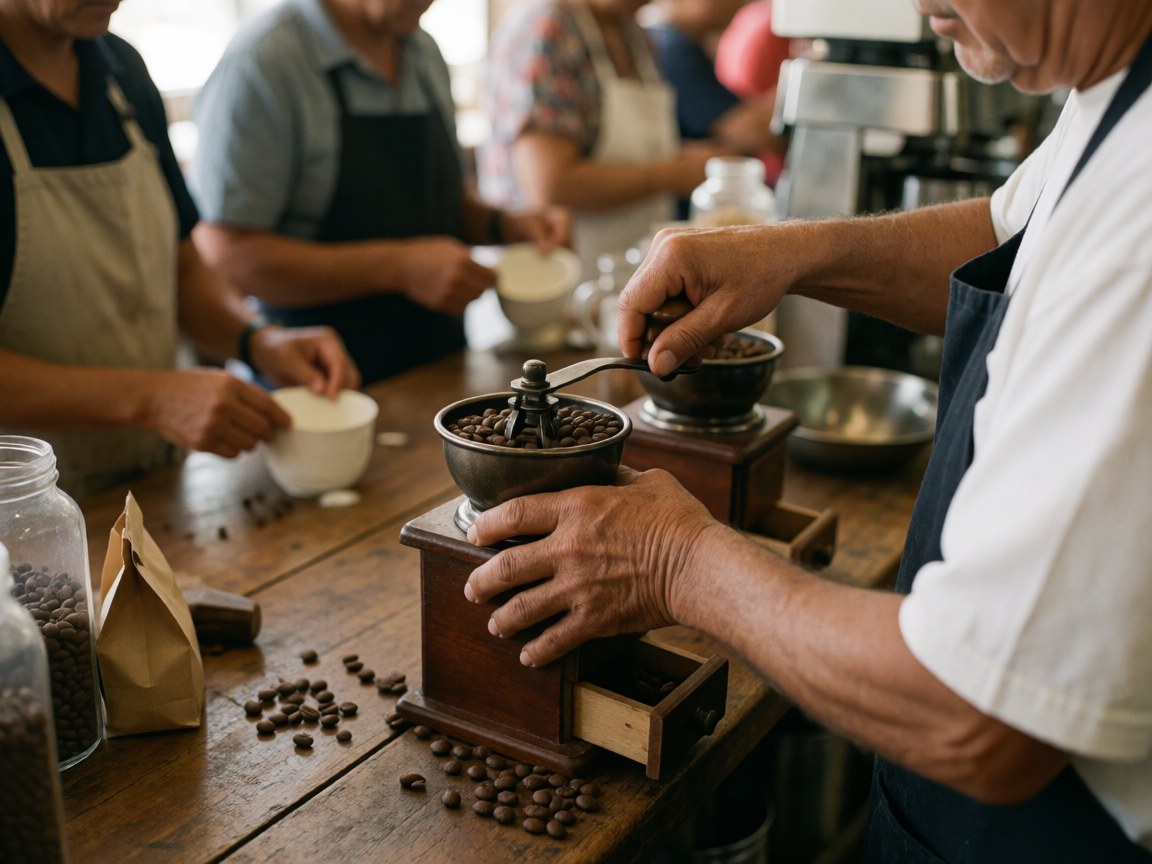 Un homme âgé utilise un moulin à café en bois vintage pour moudre des grains sur une table rustique dans un café éclairé par la lumière naturelle.