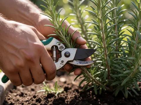 Des mains tenant un sécateur taillent des rameaux de romarin dans un jardin en terre sous la lumière du soleil.