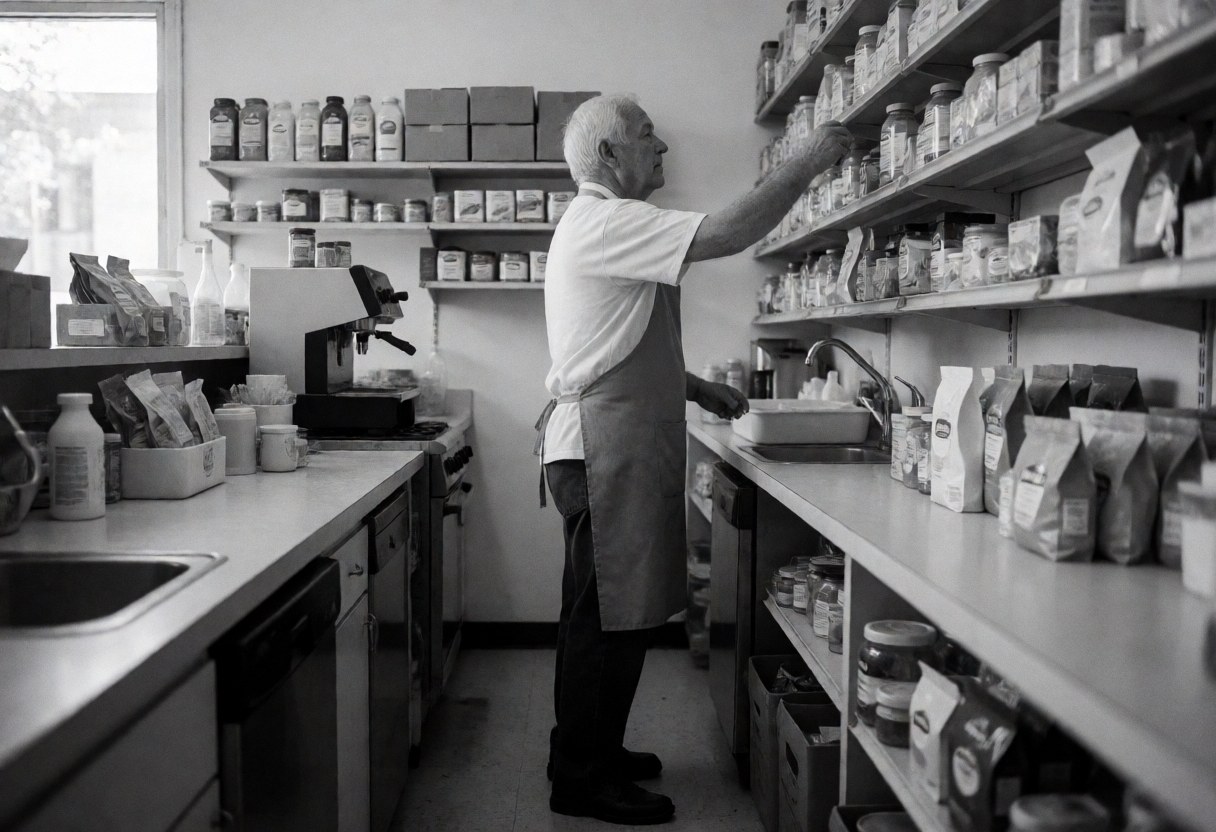 Un homme âgé portant un tablier atteint un produit sur une étagère dans un magasin, avec des produits visibles en arrière-plan.
