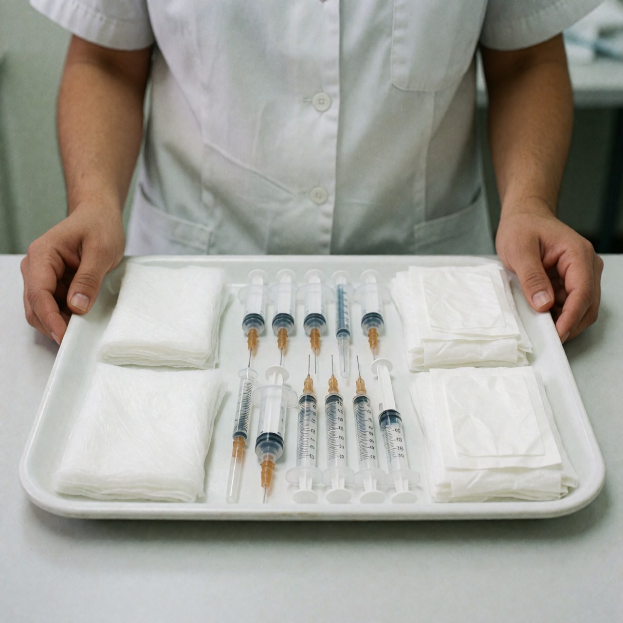 Plateau blanc avec des seringues, des compresses et des serviettes désinfectantes, tenu par une personne en uniforme médical dans une clinique.