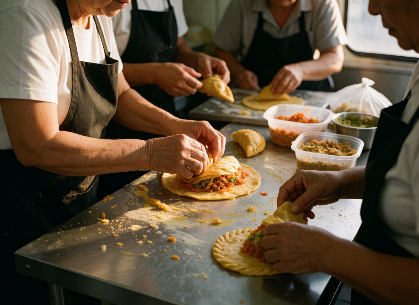 Des cuisiniers préparent des empanadas avec expertise dans une cuisine de food truck, utilisant des ingrédients frais sur une table en acier inoxydable.