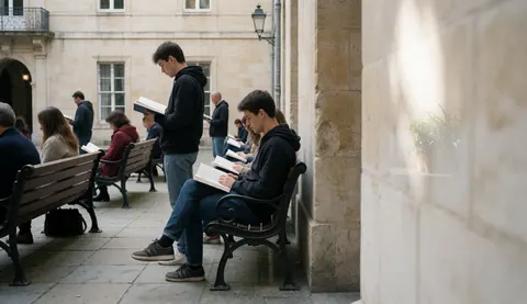 Des étudiants adultes lisent des livres sur des bancs en pierre dans une place universitaire avec une architecture en pierre et une lumière douce.