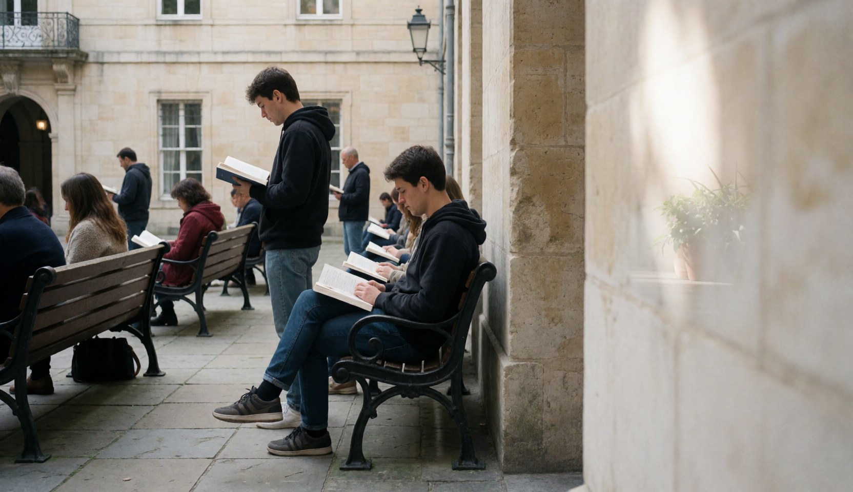 Des étudiants adultes lisent des livres sur des bancs en pierre dans une place universitaire avec une architecture en pierre et une lumière douce.