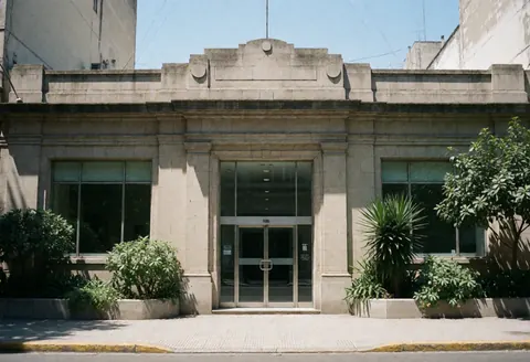 Façade classique d'un bâtiment abritant une compagnie d'assurance avec des portes vitrées, des fenêtres et de la végétation sous un ciel clair.