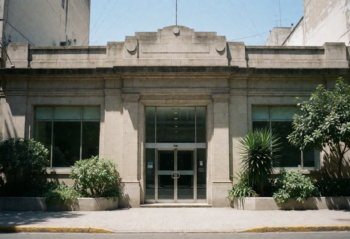 Façade classique d'un bâtiment abritant une compagnie d'assurance avec des portes vitrées, des fenêtres et de la végétation sous un ciel clair.