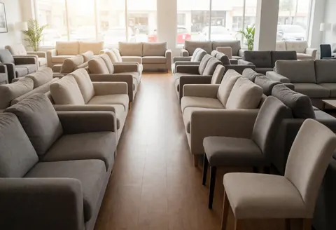 Intérieur d'un magasin de meubles présentant des canapés et des chaises alignés sur un sol en bois avec une lumière naturelle entrant par les fenêtres.