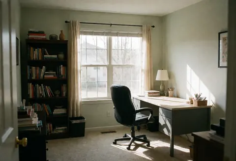 Espace de travail domestique lumineux et ordonné avec bureau, chaise, étagère et fenêtre laissant entrer la lumière du soleil.