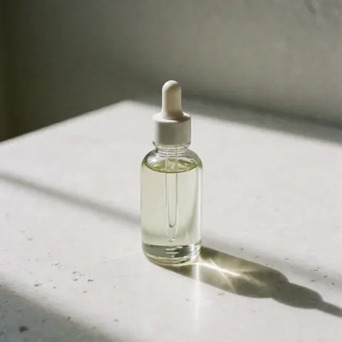 Bouteille en verre contenant de l'huile de massage bio équipée d'un pipette, posée sur un fond blanc uni éclairé par une lumière naturelle créant des ombres douces.