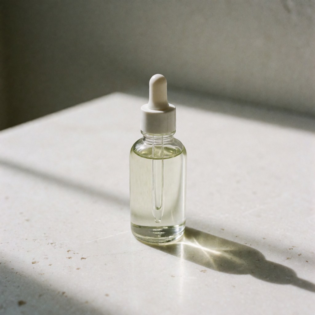 Bouteille en verre contenant de l'huile de massage bio équipée d'un pipette, posée sur un fond blanc uni éclairé par une lumière naturelle créant des ombres douces.