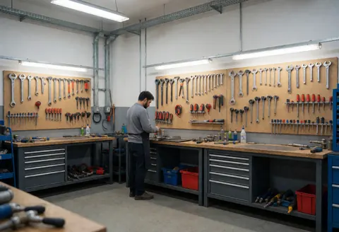 Vue d'un atelier de plomberie organisé avec des murs garnis d'outils, des tables de travail et un professionnel effectuant une tâche.