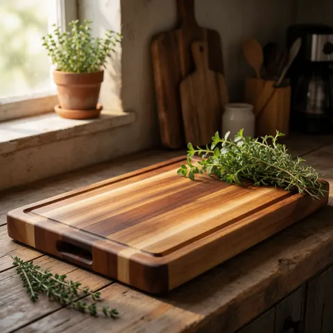 Une planche à découper en bois présentant des herbes fraîches posée sur une table de cuisine rustique près d'une fenêtre.