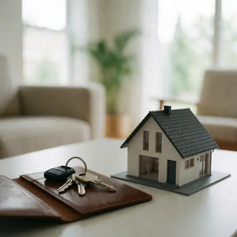 Des clés posées à côté d'une maquette de maison sur une table dans un intérieur moderne éclairé par la lumière naturelle.