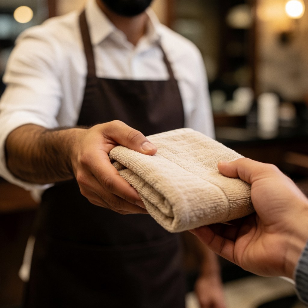 Un barbier en tablier tend une serviette pliée à un client dans un salon de barbier au fond flou et à l'éclairage chaleureux.