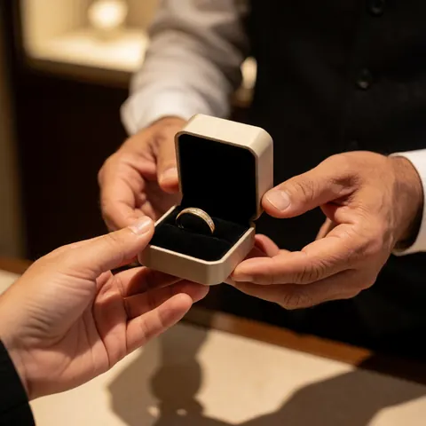 Un homme présente délicatement une bague à l'intérieur d'un écrin de bijouterie sous un éclairage chaleureux et élégant.