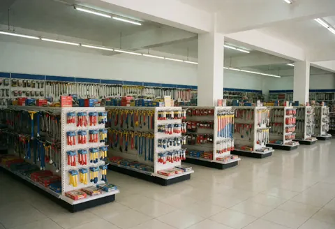 Intérieur d'un magasin d'outils avec des étagères rangées, un sol propre et un bon éclairage.