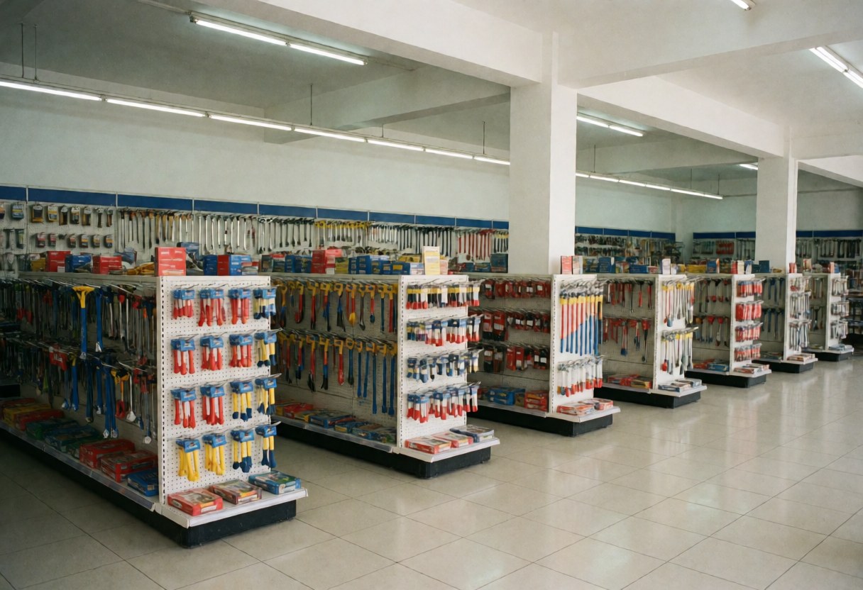 Intérieur d'un magasin d'outils avec des étagères rangées, un sol propre et un bon éclairage.