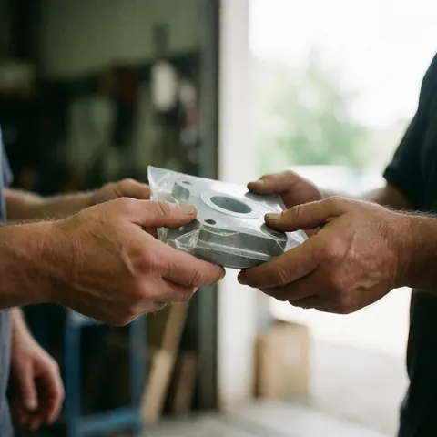 Des mains d'adulte remettent un composant métallique emballé dans du plastique dans un atelier industriel éclairé par la lumière naturelle.