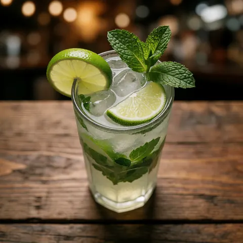 Mojito avec glace, lime et menta dans un grand verre sur une table en bois rustique, éclairage chaleureux et arrière-plan flou.