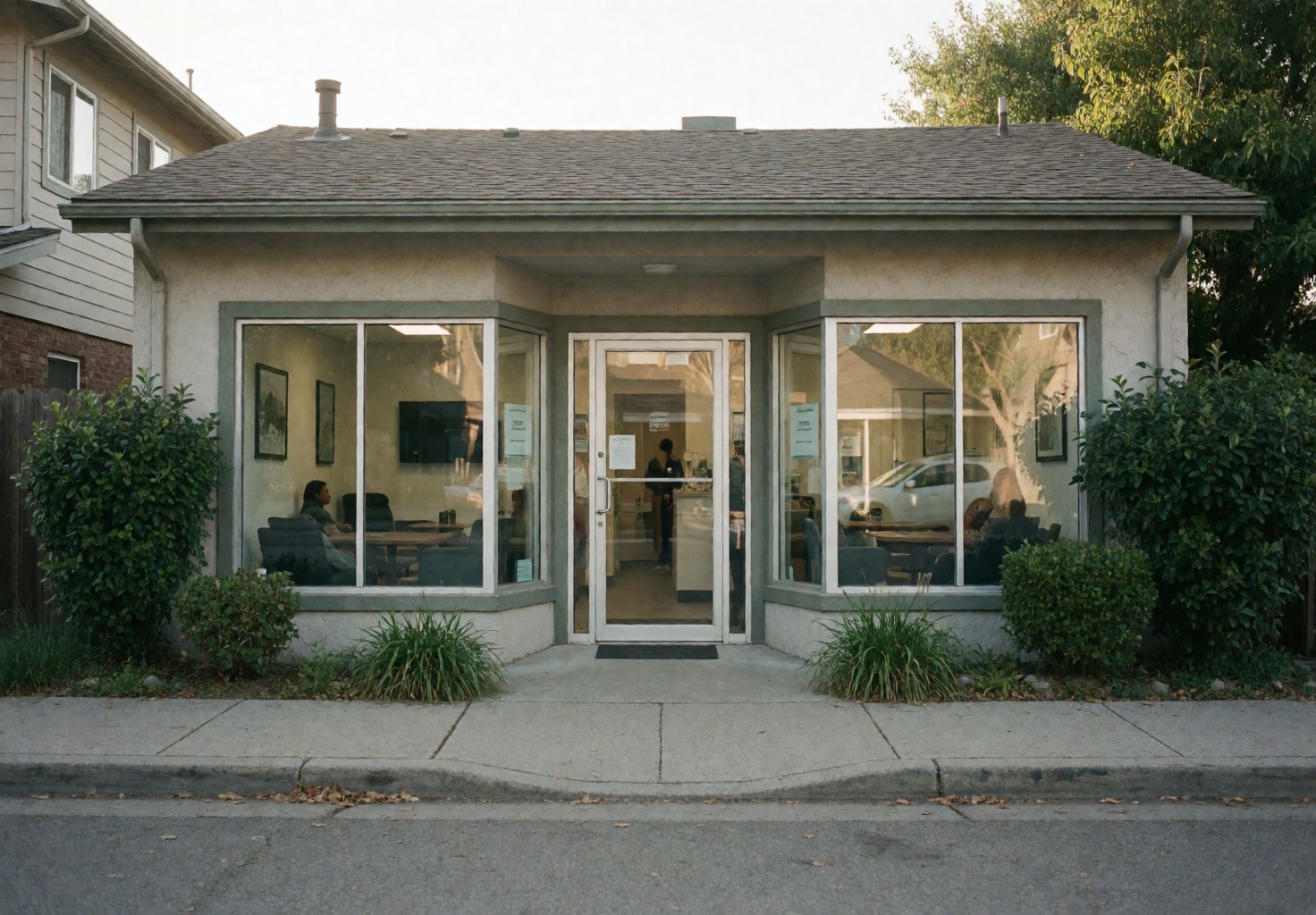 Façade d'auto-école avec entrée et vitres propres, montrant l'intérieur avec personnes et mobilier, entourée de végétation et de pavement.